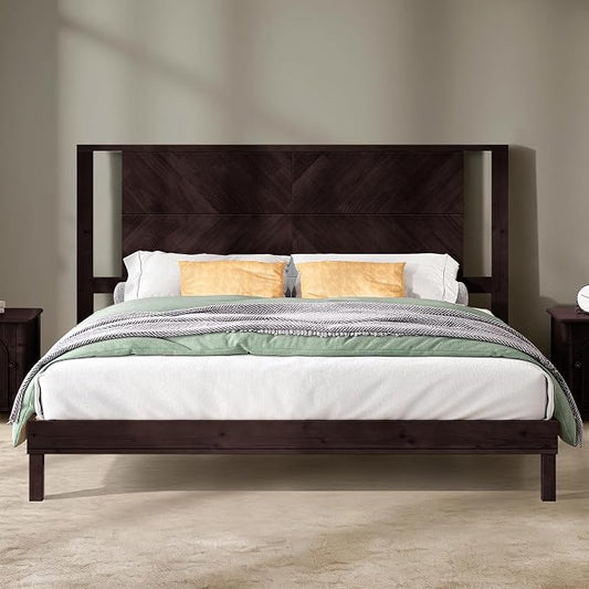 AMERLIFE Solid Wood Queen Size Bed Frame with Headboard, Rustic Style Platform Bed Frame with Under-Bed Storage, No Box Spring Needed, Noise Free, Easy Assembly, Dark Brown