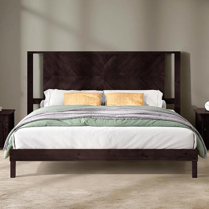 AMERLIFE Solid Wood King Size Bed Frame with Headboard, Mid Century Modern Style Platform Bed with Under-Bed Storage, No Box Spring Needed, Noise Free, Easy Assembly, Dark Brown