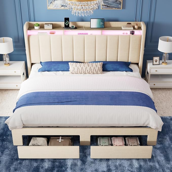 Allewie King Size Bed Frame with 2-Tier LED Storage Headboard, Upholstered King Platform Bed Frame with 2 Storage Drawers, USB & Type-C Charging Ports, Noise-Free/No Box Spring Needed, Beige