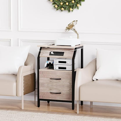 SZLHANJZ Storage End Table, Charging Nightstand with 2 Drawers, Small Fabric Night Stand for Bedside, Wood and Metal Side Table for Living Room, Dorm, Grey Oak