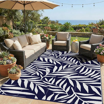 Smiry Outdoor Rug 9x12 ft, Waterproof Reversible Plastic Straw Rugs, Outdoor Area Rug with Leaf Pattern, Outside Floor Mat for Patio, Backyard, Deck, Picnic, Beach, Camping, Navy & White