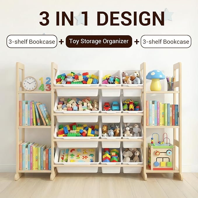 Kiddocood Kids Toy Storage Organizer with 12 Bins, 100% Solid Wood - Natural Finish Montessori Toy Organizer, BPA Free, CPC & TIC Certified Playroom Organization for Living Room & Nursery, 52.3"