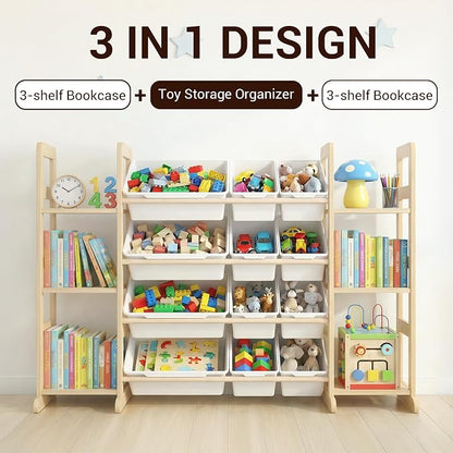 Kiddocood Kids Toy Storage Organizer with 12 Bins, 100% Solid Wood - Natural Finish Montessori Toy Organizer, BPA Free, CPC & TIC Certified Playroom Organization for Living Room & Nursery, 52.3"