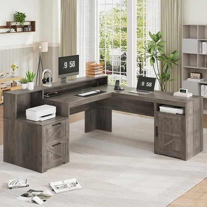 YOMILUVE 63" Farmhouse L Shaped Executive Desk with Drawers & Storage Shelf, Corner Computer Desk with Power Outlets, L Shaped Office Desk with Monitor Stand, Printer Shelf, Gray