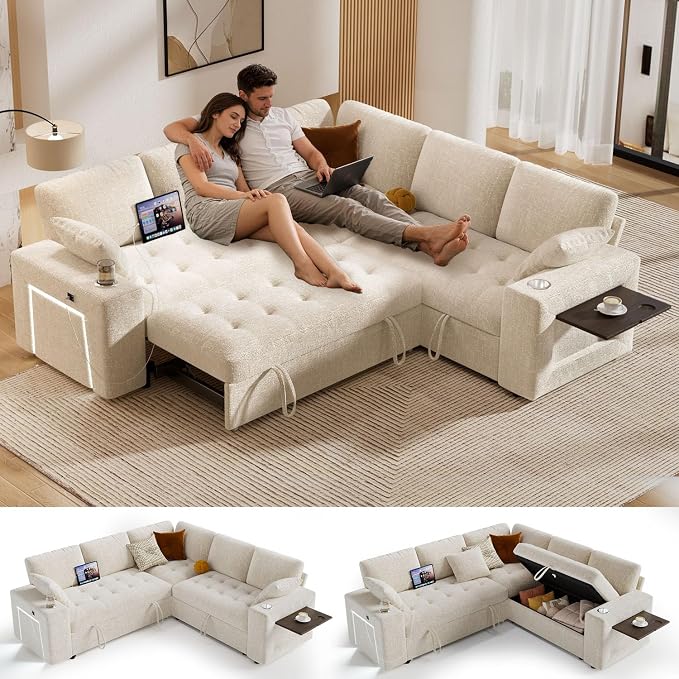 Vipbear 86" Modular Sectional Sleeper Sofa with Pull Out Bed, 5 Seat Chenille L Shaped Couch with USB Ports|Cup Holders|Side Table|Storage Loveseat, Tool Free Assembly, Beige