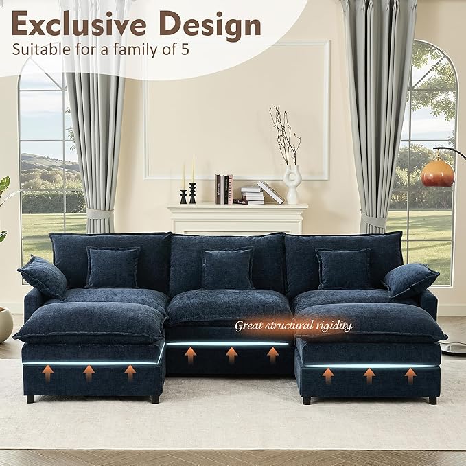GOSUHI 108" U-Shaped Modular Cloud Couch, Deep Seat, Chenille Navy | Cloud Comfort, Couches for Living Room, Removable & Machine-Washable Covers, Movable Ottoman, Modular Sectional Sofa