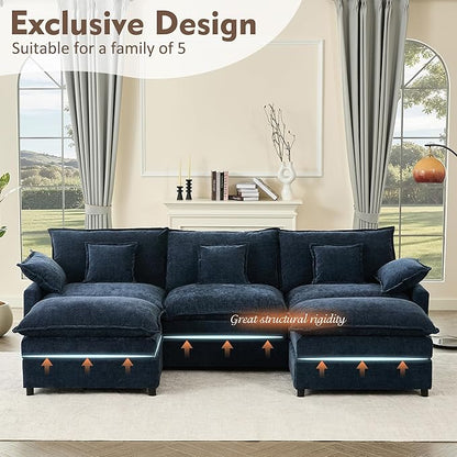 GOSUHI 108" U-Shaped Modular Cloud Couch, Deep Seat, Chenille Navy | Cloud Comfort, Couches for Living Room, Removable & Machine-Washable Covers, Movable Ottoman, Modular Sectional Sofa