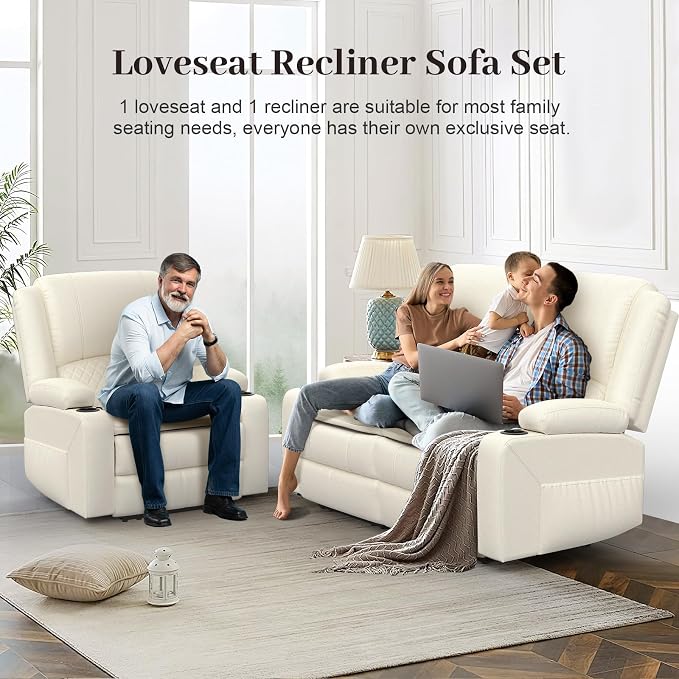 Yolsali Loveseat Recliner Sofa Set with 2-Tier Cushion, 2+1 Pieces in Living Room, 2 Seater Reclining Loveseat Leather with Removable Console, 1 Oversize Recliner Chair Sofa Seat - White PU