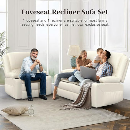 Yolsali Loveseat Recliner Sofa Set with 2-Tier Cushion, 2+1 Pieces in Living Room, 2 Seater Reclining Loveseat Leather with Removable Console, 1 Oversize Recliner Chair Sofa Seat - White PU