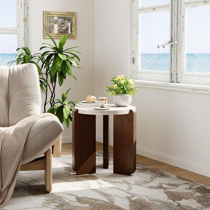 COSIEST Modern Round Coffee Table & Side Table Set, Faux Marble Wood Top, Walnut & Cream White Legs, Minimalist Living Room Center & Accent Table(2 PCS)