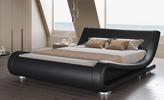 SHA CERLIN Full Size Upholstered Bed Frame, Deluxe Low Profile Sleigh Bed with Faux Leather Ergonomics Headboard, No Box Spring Needed & Easy Assembly, Black