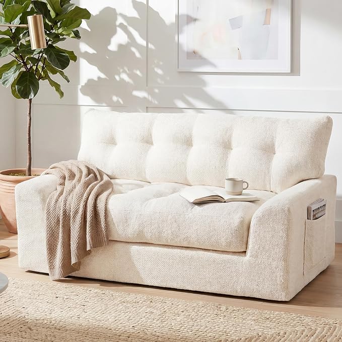 MONVANE 55.5" Convertible Loveseat Sofa, Comfy Chenille Cloud Couch with Storage Pocket, Modern Deep Seat Boneless Couch, 2 Seater Sofa for Living Room, No Assembly Required, Beige
