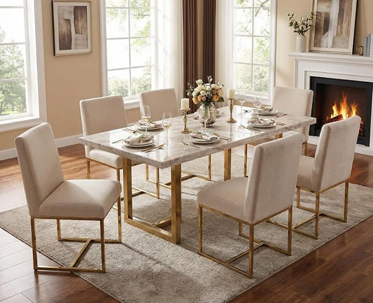 CIMOTA Modern Dining Chairs Set of 6, Upholstered Dining Room Chairs Armless Guest Side Chair with Gold Base for Dining Room/Kitchen, Beige, 6PCS