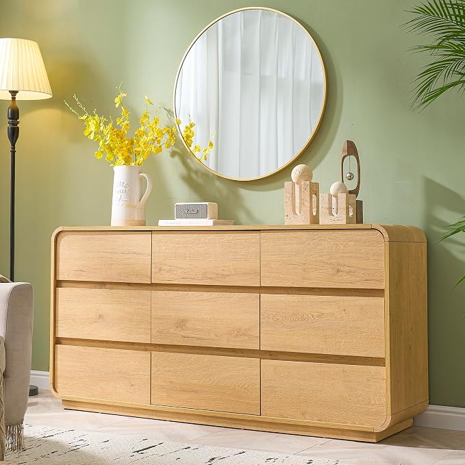 Standifurno Natural Dresser for Bedroom with 9 Drawers, 57" Wide Modern Drawers with Curved Design, Wood Drawer Organizer for Living Room, Hallway