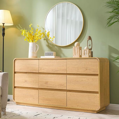 Standifurno Natural Dresser for Bedroom with 9 Drawers, 57" Wide Modern Drawers with Curved Design, Wood Drawer Organizer for Living Room, Hallway