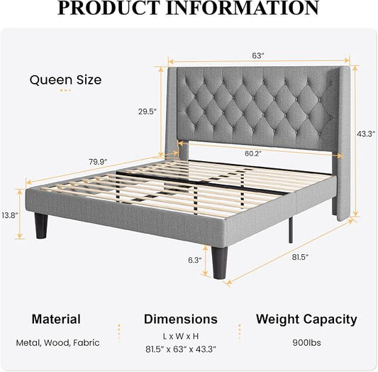 SHA CERLIN Queen Size Upholstered Platform Bed Frame with Wingback Headboard, Tufted Linen Fabric, Wooden Slats Support, Easy Assembly, No Box Spring Needed, Light Grey