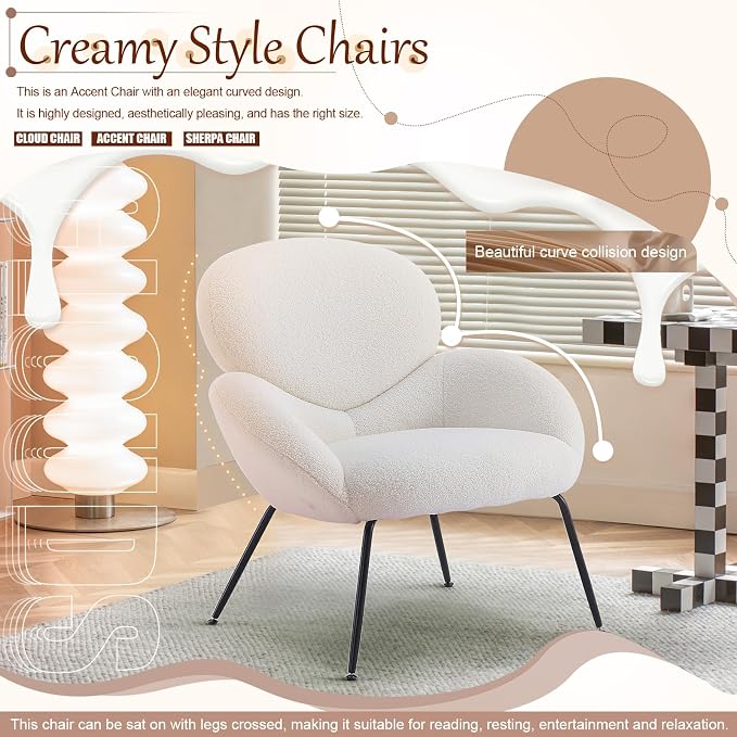 Accent Chair, Accent Chair for Bedroom, Boucle Chair (Cream Whtie) | Comfy Bedroom Chair with Love Back and Sturdy And Durable Solid-Wood Frame/ Study Room / Bedroom / Living Room /(Cream Style)