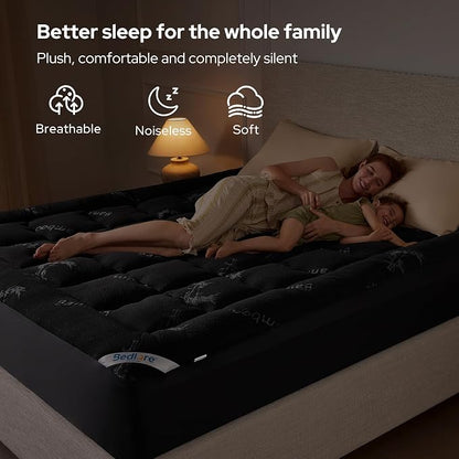BEDLORE Full Size Mattress Topper Viscose Derived from Bamboo, Thick Pillow Top Mattress Pad with Stretchable Pockets for 6"-15" Mattress, Breathable Mattress Topper for Back Pain Relief(Black)