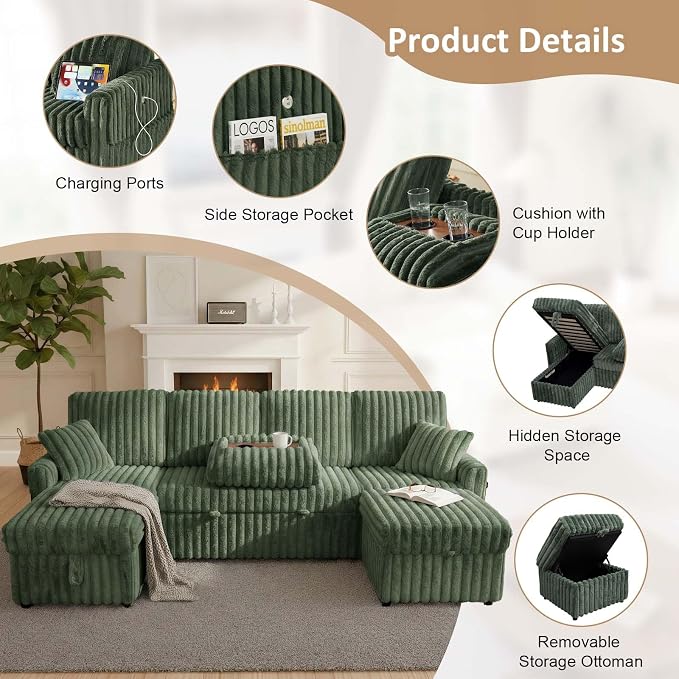 KCGKCG 104" U Shaped Sleeper Sofa Bed, Sectional Couches for Living Room, Plush Corduroy Pull Out Couch Bed with Storage, Modular Sectional Couch with Charging Station, Cup Holder, Side Pocket, Green
