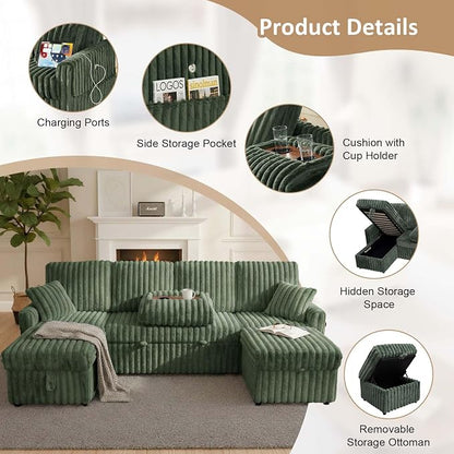 KCGKCG 104" U Shaped Sleeper Sofa Bed, Sectional Couches for Living Room, Plush Corduroy Pull Out Couch Bed with Storage, Modular Sectional Couch with Charging Station, Cup Holder, Side Pocket, Green