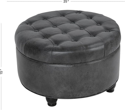 HomePop 25" Button Tufted Round Storage Ottoman - Gray Faux Leather