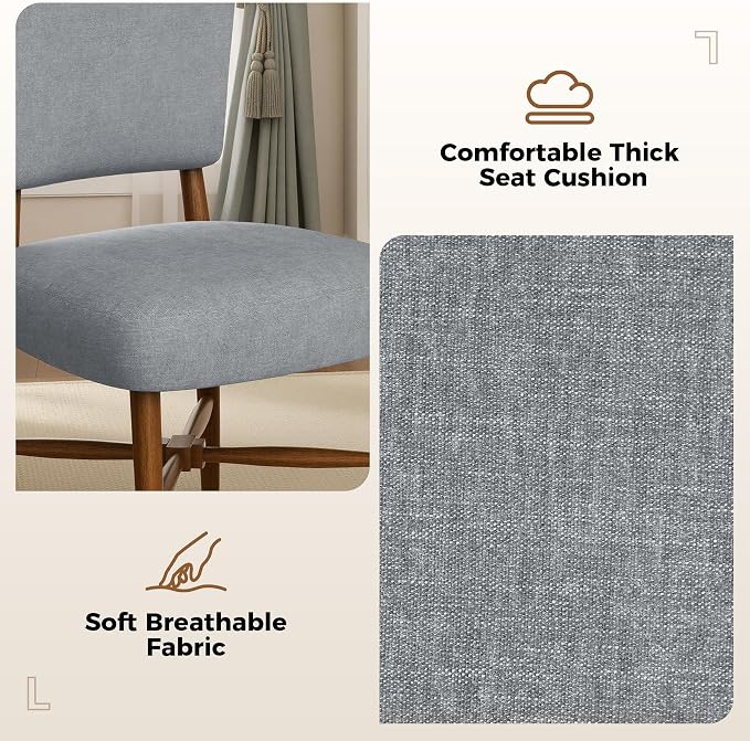 Farmhouse Dining Chairs Set of 2, Linen Seat, Wood Legs, Gray | Mid Century Modern, Upholstered Padded Cushion, Solid Wood Cross-Brace, Easy 15-Min Assembly, Kitchen Dining Room