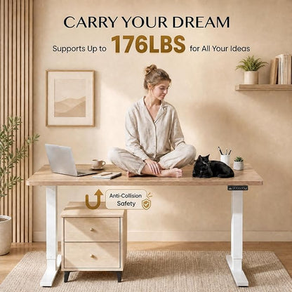 Grandder 63x32 Large Electric Standing Desk, Height Adjustable Computer Desk with 2 Memory Presets, 31.5" Deep Desktop Sit Stand Desk Home Office Desk Workstation Table with Hooks, Light Walnut