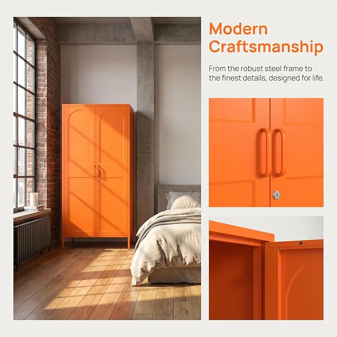 67" Industrial Lockable Metal 2-Door Wardrobe Storage Cabinet with Hanging Rod & Adjustable Shelves, Heavy Duty Multipurpose for Bedroom, Garage, Home Office, Orange 67" H X 31.5" W X 18.1" D