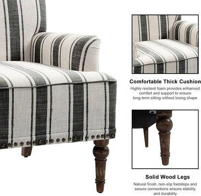 Accent Chair, Mid Century Modern Comfy Armchair for Living Room, Linen Fabric Single Sofa Lounge for Reading Bedroom Apartment Waiting Room with Wood Legs (Black Stripe, Set of 2)