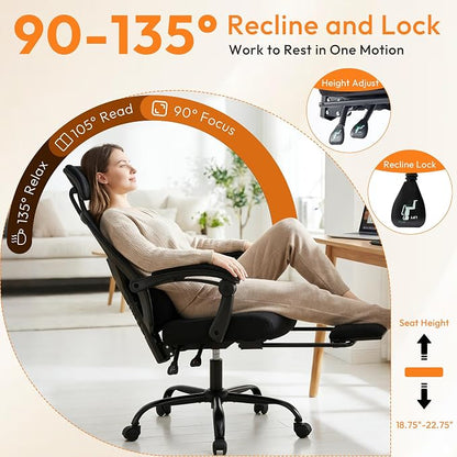Desk Chair with Foot Rest, High-Back Mesh Office Chair with Wheels, Reclining Gaming Chair with Headrest and Adjustable Lumbar Support, 90°-130° Reclining, for Home Office and Gaming, Classic Black
