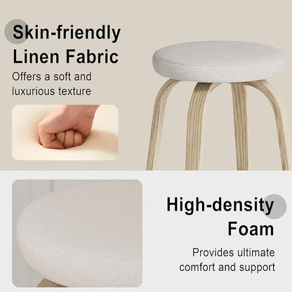 Bar Stools Set of 2, Counter Height Backless Bar Stools, 26" Swivel Barstools Kitchen Chair with Upholstered Fabric Seat, Beige
