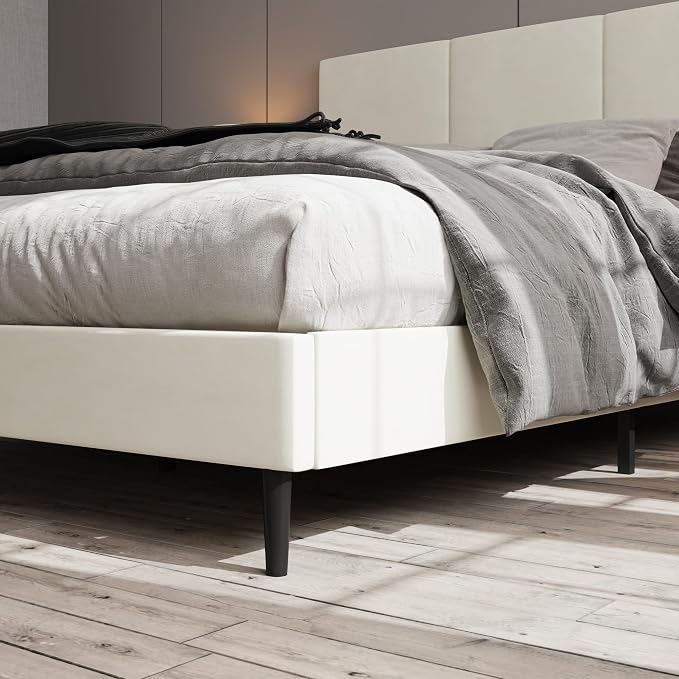 IOILORI Queen Size Bed Frame with Upholstered Headboard, Sturdy Wood Slats, No Box Spring Required, Silent, Easy Assembly, Beige