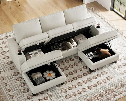 Belffin Small Corner Modular Sectional Couches for Living Room U Shaped Couch with Cup Holder White Couch