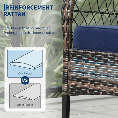 Garvee 3 pcs Outdoor Rocking Bistro Set, Wicker Rocking Bistro Set with Thick Cushions, Outdoor Rocker Chairs and Coffee Table for Porch, Backyard or Garden (Brown&Blue)