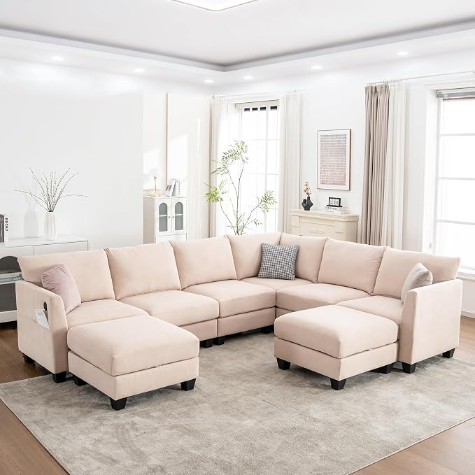 122.8" Large Sectional Couches for Living Room, 6 Seater L Shaped Modular Sectional Sofa with Two Storage Ottomans & USB, Oversized Corner Couch for Living Room（Beige）
