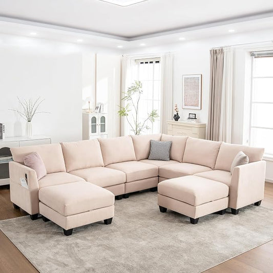 122.8" Large Sectional Couches for Living Room, 6 Seater L Shaped Modular Sectional Sofa with Two Storage Ottomans & USB, Oversized Corner Couch for Living Room（Beige）
