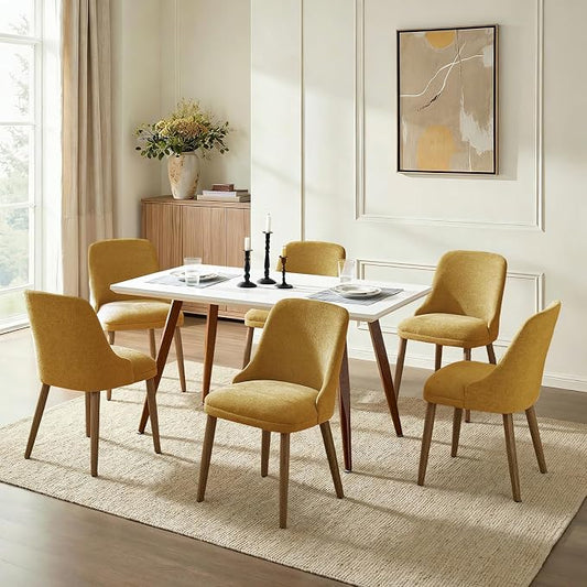 Upholstered Dining Chairs Set of 6, Fabric Dining Room Chairs with Curved Backrest, Solid Wood Legs, Modern Kitchen Chairs for Dining Room Living Room, Mustard