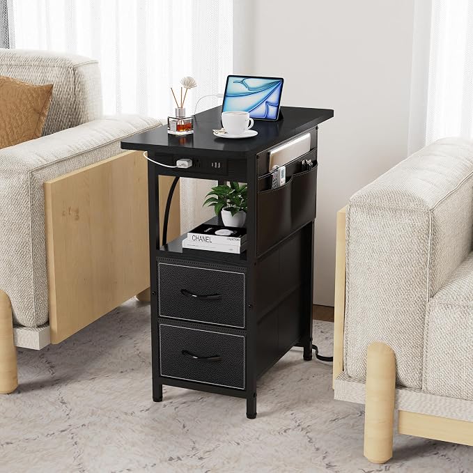 Yenlure Small Side Table with Charging Station, Narrow Nightstand Bedside Tables with Storage Pocket for Living Room Bedroom, Sofa End Table with USB Ports and Power Outlets for Small Spaces