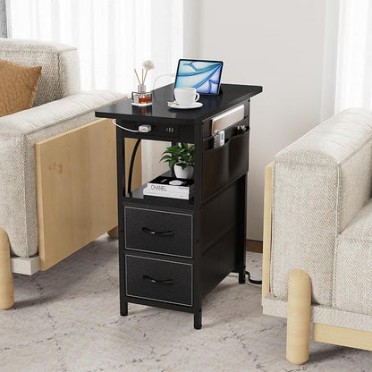 Yenlure Small Side Table with Charging Station, Narrow Nightstand Bedside Tables with Storage Pocket for Living Room Bedroom, Sofa End Table with USB Ports and Power Outlets for Small Spaces