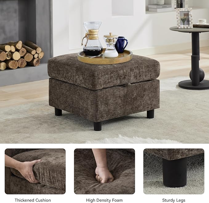 WUTUTUEE 25'' Square Storage Ottoman Module for Modular Sectional Sofa, Living Room Coffee Table Sectional Ottoman Footrest for Convertible Couch, Chenille Brown