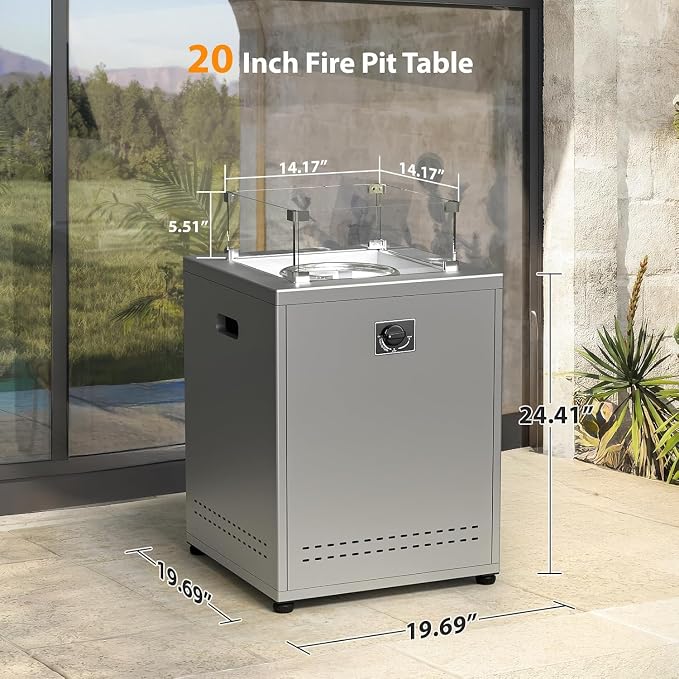 Electactic 19" Square Smokeless Propane Fire Pit Table, 50,000 BTU Portable Outdoor Patio Heater with Lava Rocks, Glass Wind Guard & Cover for Deck, Backyard, Garden, Camping (Black)