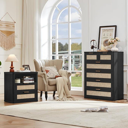 LEYAOYAO Rattan Dresser for Bedroom, 42" Tall Chest of Drawers, Modern 6 Drawers Boho Dressers with Storage, Light Oak Dresser Wooden Closet Organizer for Living Room, Hallway, Black