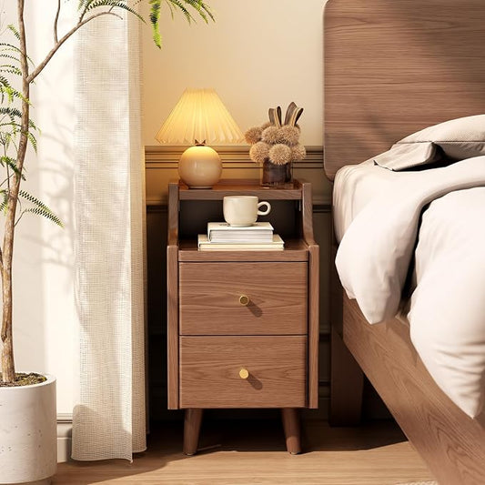 Narrow Nightstand with 2 Drawers,Walnut Nightstand,Bedside Table,Solid Wood Modern Bedside Table for Bedroom,Study,Toilet