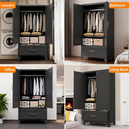 Anwick Metal Wardrobe Closet, 60" Tall Black Metal Wardrobe Cabinet with Hanging Rod, 1 Drawer, 2 Doors and Adjustable Shelf for Bedroom Guest Room Laundry Room