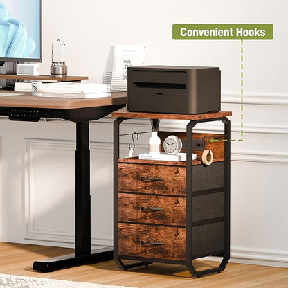 runjuly Night Stand with Charging Station, LED Nightstand with 3 Fabric Drawers and Hooks, Small End Table with Light and USB C Port, Storage Side Table for Bedroom, Rustic Brown