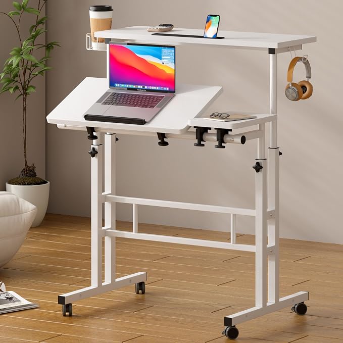 SogesHome 31.5 inch Mobile Standing Desk Adjustable Computer Desk Rolling Laptop Cart Portable Laptop Stand on Wheels Home Office Workstation with Cup Holder,Headphone Holder, Upgrade White