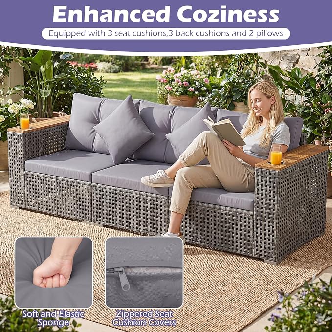 Tangkula 86.5" Large 3-Seat Patio Wicker Sofa, 3 Pieces PE Rattan Sectional Furniture Set with Cup Holders & Wood Armrest, Outdoor Couch Set with Armless & 2 Corner Sofas for Garden, Yard, Porch, Grey