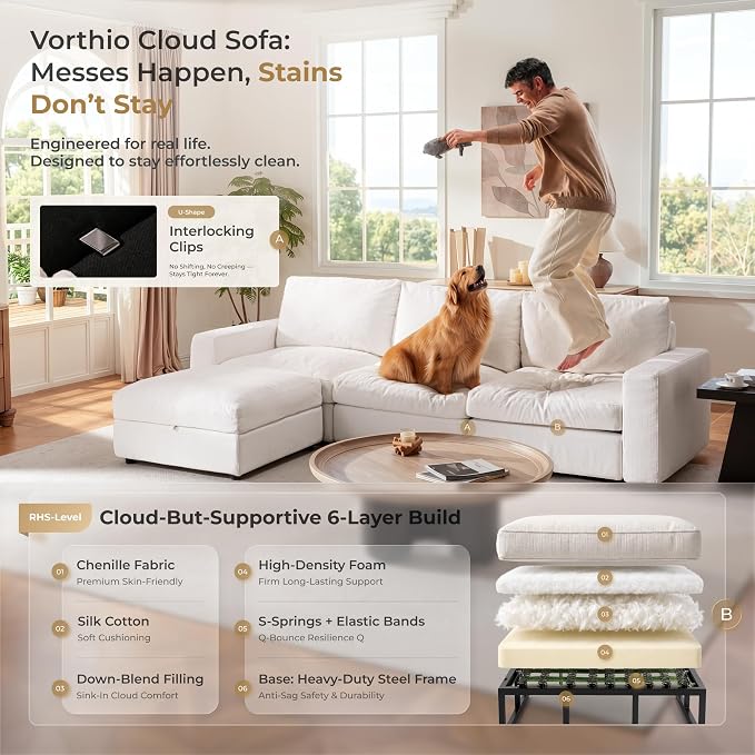 Cloud Couch Sectional 113.2'' Oversized Modular Deep Seat Sofa L Shaped Comfy White Cloud Couch with Washable Cover for Living Room 3 Seater with 1 Ottoman