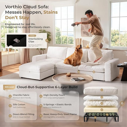 Cloud Couch Sectional 113.2'' Oversized Modular Deep Seat Sofa L Shaped Comfy White Cloud Couch with Washable Cover for Living Room 3 Seater with 1 Ottoman