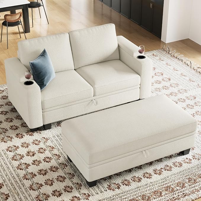 Belffin Sectional Sofa Bed with Storage Ottoman Small Modular Couch with Cup Holder Apartment Couch Beige